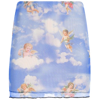 Darlingaga Sweet Cupid Print Angel Mesh Skirt Women Fashion Aesthetic Summer Skirt 2020 Mini High Waist Skirts Bottom Jupe Femme