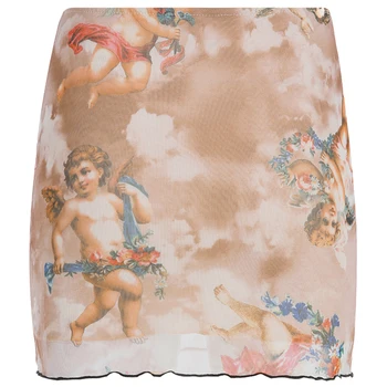 Darlingaga Sweet Cupid Print Angel Mesh Skirt Women Fashion Aesthetic Summer Skirt 2020 Mini High Waist Skirts Bottom Jupe Femme