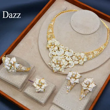 Dazz luksusowy kwiat CZ Cyrkon Afrykański naszyjnik kolczyki Dubaj Nigeria ślubny zestaw biżuterii ślubnej kobiety panna młoda kolor złoty pierścień bransoletka 2019
