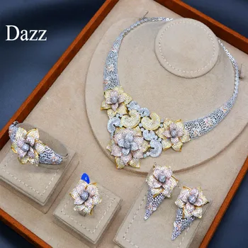 Dazz luksusowy kwiat CZ Cyrkon Afrykański naszyjnik kolczyki Dubaj Nigeria ślubny zestaw biżuterii ślubnej kobiety panna młoda kolor złoty pierścień bransoletka 2019