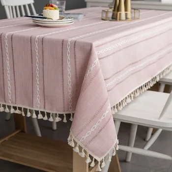 Dekoracyjna lniana pokrywa stołu z pędzelkiem ciągła pasek różowy partii obrus prostokątny ślub jadalnia obrus zestaw stolik mata