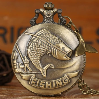 Delikatna rzeźbione ryby kwarcowy zegarek kieszonkowy punk rybaków Połowów naszyjnik wisiorek brelok łańcuch zegarek dla mężczyzn z ryb ogon akcesoria