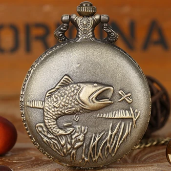 Delikatna rzeźbione ryby kwarcowy zegarek kieszonkowy punk rybaków Połowów naszyjnik wisiorek brelok łańcuch zegarek dla mężczyzn z ryb ogon akcesoria