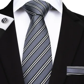 DiBanGu Fashion Designer krawaty szare męskie paski tkane żakardowe wzorzyste krawaty zestaw z chusteczką spinki do mankietów klipy MJ-7101