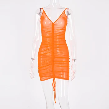 DIRTYLILY See Through Mesh Sexy Backless Bodycon Mini Dress 2020 Summer Neon Sznurek Ruched Party Dresses odzież Damska