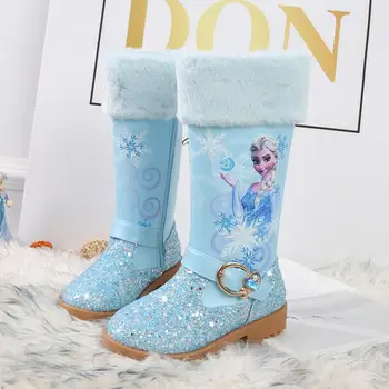 Disney księżniczka Elsa długie buty dziewczyny na wysokim obcasie jesień i zima ciepłe buty dla dzieci cekiny rakiety śnieżne mrożone buty