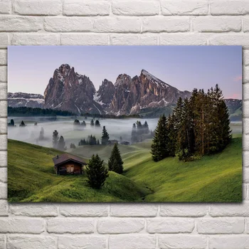 Dolomity poranny wschód słońca, mgła, góry, natura, krajobraz salon główna ściana sztuki wystrój drewniana ramka tkanina plakat KN720