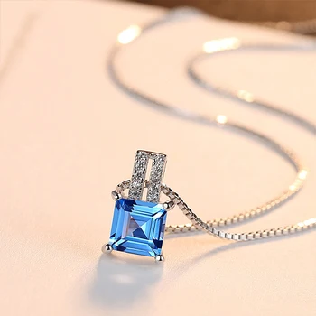 DOTEFFIL 925 srebro próby poduszka-Cut oryginalny błękitny topaz wisiorek naszyjnik z 40+5 cm pudełko łańcucha eleganckie srebro biżuteria kobiet
