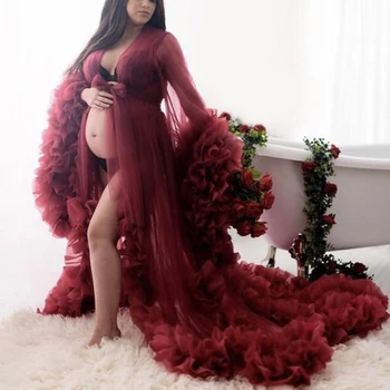 Dość rumieniec różowy tiul kobieta w ciąży sukienki do sesji zdjęciowej See Through długi tiul szlafrok falbanki długie bujne rękawa Vestidos