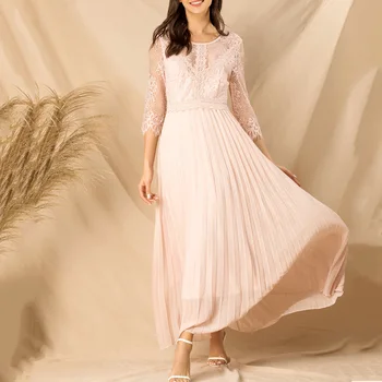 Dressv Suknie Wieczorowe 2020 Długie Koronkowe Różowe Eleganckie Plisowane Puste Patchwork Rękawy Trzy Czwarte Słodka Sukienka Dla Kobiet
