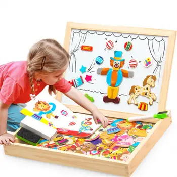 Drewniana magnetyczna układanka Montessori zabawka edukacyjna prezent 100+sztuk dla dzieci magnetyczne puzzle zwierząt cyrk rysunek płyty