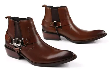 Duży rozmiar EUR45 moda brązowy tan/ czarny ostre skarpety męskie botki obuwie buty skóra naturalna motocyklowe buty z klamrą