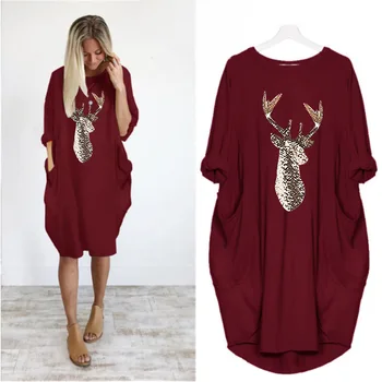 Duży rozmiar kobiety dorywczo sukienka damska O szyi z długim rękawem Chrismess Elk drukowany kieszeni jesień zima temat t-shirt sukienka damska