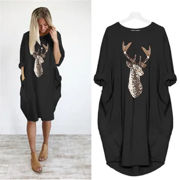 Duży rozmiar kobiety dorywczo sukienka damska O szyi z długim rękawem Chrismess Elk drukowany kieszeni jesień zima temat t-shirt sukienka damska