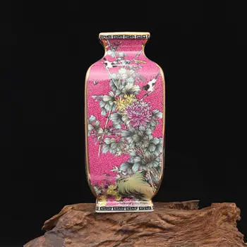 Dynastia Qing Qianlong emalia malarstwo Złoty kwadrat kwiat i ptak wazy antyczne porcelana, antyki, porcelana, antyki, porcelana