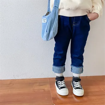 Dzieci nieprzetworzone niebieskie casual dżinsy dla chłopców i dziewcząt ciepłe флисовые bezpośrednie codzienne spodnie 2020 zima