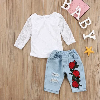 Dziecko dzieci Baby Girls 6M-5T 3D kwiatowe bluzki koronka koszula spodnie zestaw ubrań zestaw ubrań