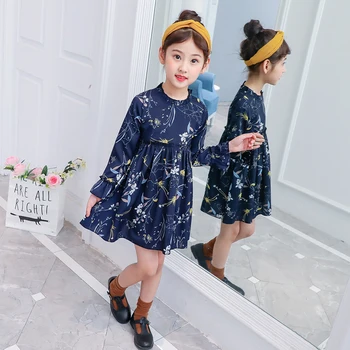 Dziewczyna sukienkę elegancki kwiatowy sukienka z długim rękawem dziewczyny vestidos 3 4 5 6 7 8 lat niebieski biały enfant sukienki kwiat koreański