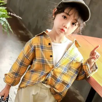 Dziewczyny koszula w kratę koreański 2021 jesień jesień aksamit zgrubienie dzieci z długim rękawem, dziewczyna nastolatka odzież dziecięca koszula