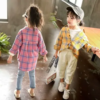 Dziewczyny koszula w kratę koreański 2021 jesień jesień aksamit zgrubienie dzieci z długim rękawem, dziewczyna nastolatka odzież dziecięca koszula