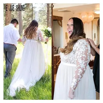 E JUE SHUNG nowe suknie ślubne z długim rękawem Sexy V neck iluzja temu suknię ślubną rozmiar plus suknie ślubne koronki vestido de noiva