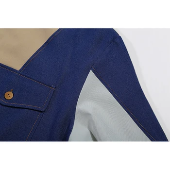 [EAM] Blue Women Contrast Color Big Size Blouse Nowość Lapel Long Sleeve Loose Fit Shirt Fashion Tide wiosna jesień 2021 1DA965