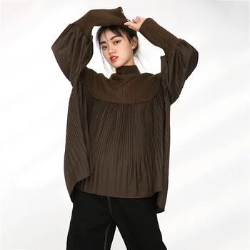 [EAM] kawy plisowane duży rozmiar drutach golf sweter luźny krój z długim rękawem kobiety nowa moda jesień zima 2021 1DA68116