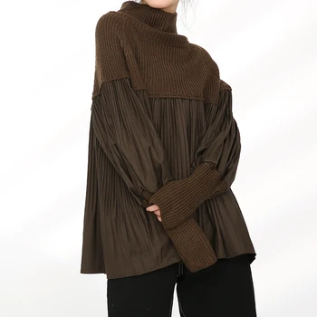 [EAM] kawy plisowane duży rozmiar drutach golf sweter luźny krój z długim rękawem kobiety nowa moda jesień zima 2021 1DA68116