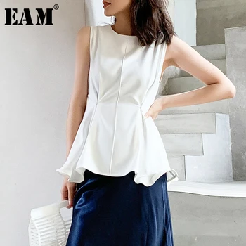 [EAM] Womenwhite krótki falbany temperament bluzka nowy okrągły dekolt bez rękawów luźny krój koszula moda wiosna lato 2021 1T483