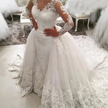 Eeqasn Mermaid Long Sleeve Lace Wedding Dresses Illusion Women Bridal dress with Removable Train robe vestidos de novia