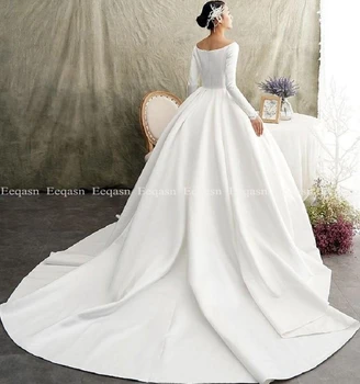 Elegancka suknia suknie Ślubne 2020 proste długie rękawy satynowa elegancka bliskowschodnie suknia ślubna z trenem Robe De Marriage