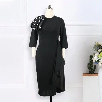 Eleganckie kobiety czarna sukienka Bodycon moda żabotem kropki sukienka midi z długim rękawem jesień nowy, stylowy duży 2XL afrykańskie sukienki