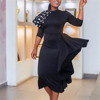 Eleganckie kobiety czarna sukienka Bodycon moda żabotem kropki sukienka midi z długim rękawem jesień nowy, stylowy duży 2XL afrykańskie sukienki