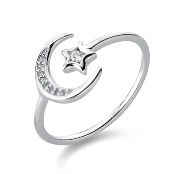 ElfoPlataSi prawdziwe srebro próby 925 moda słodki INS Księżyc Gwiazda CZ Otwarcie pierścień dla kobiet Ślub Urodziny biżuteria prezent DA27