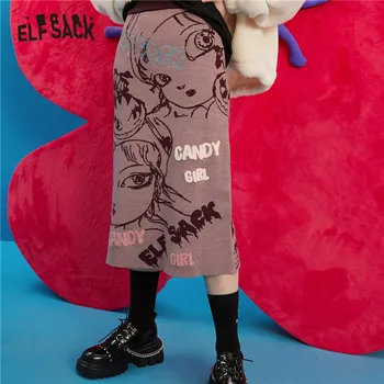 ELFSACK Cartoon jacquard podaje Casual Women Knit Midi Skirt,2021 Winter Vintage High Waist,девчачье codzienne jasne dno