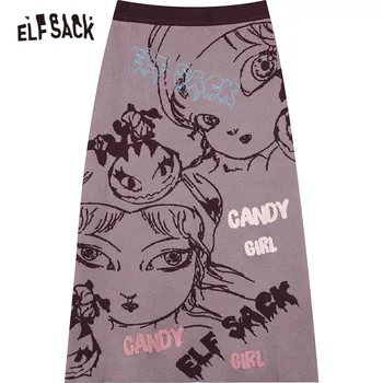 ELFSACK Cartoon jacquard podaje Casual Women Knit Midi Skirt,2021 Winter Vintage High Waist,девчачье codzienne jasne dno
