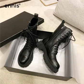 Ennis platforma Martin buty Damskie skóra naturalna czarne botki punk buty kwadratowy niski obcas buty Damskie jesień zima A0242
