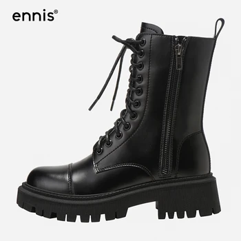 Ennis platforma Martin buty Damskie skóra naturalna czarne botki punk buty kwadratowy niski obcas buty Damskie jesień zima A0242