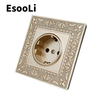 EsooLi 16A EU Standard Gold Power Socket 4D tłoczenie retro stop cynku panel ścienny gniazdo AC 110~250V