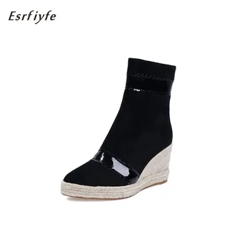 ESRFIYFE 2020 nowe buty jesienno-zimowe buty buty Damskie botki Damskie buty na koturnie z ostrym czubkiem buty na platformie ciepłe damskie buty