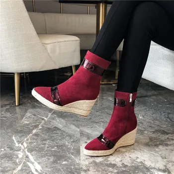 ESRFIYFE 2020 nowe buty jesienno-zimowe buty buty Damskie botki Damskie buty na koturnie z ostrym czubkiem buty na platformie ciepłe damskie buty