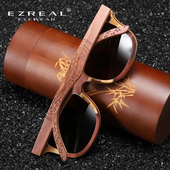 EZREAL Wood damskie okulary mężczyźni klasa marka rzeźbione projekt brązowy bambus ramki okulary polaryzacyjne deskorolka drewniane okulary