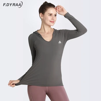 F. DYRAA joga bluza kobiety z długim rękawem z kapturem sport siłownia koszulka fitness topy odzież sportowa sportowe bluzy szybkoschnący strój sportowy