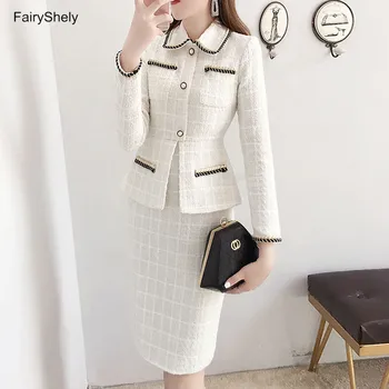 FairyShely koreański wełniana spódnica mini strój Kobiety 2020 jesień zima ciepły, dopasowany biurowy garnitur w kratę kurtka krótka spódniczka 2-częściowy garnitur