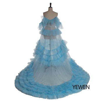 Falbanki Niebieskie Suknie Wieczorowe V Neck Z Krótkim Rękawem Sexy Fotografia Tiul Sukienka Na Studniówkę 2020 YeWen Party Dress