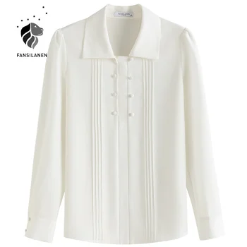 FANSILANEN z długim rękawem plisowana vintage bluzka koszula damska elegancka biurowe lady biała koszula top damska szyfonowa bluzka na guziki