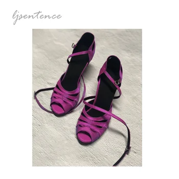 Fioletowe buty do tańców latynoamerykańskich taneczne obcasy dla kobiet satin Salsa bachata, tango buty damskie open toe damskie buty na obcasie 10 cm Spike