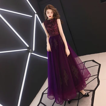 Fioletowe suknie wieczorowe długie eleganckie O-neck bez rękawów A-line bez ramiączek długość podłogi linkę damskie, suknie wieczorowe 2020 tiul sukienki maxi
