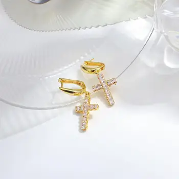 Flashbuy modny kolor złoty krzyż Huggie hoop kolczyki dla kobiet, mężczyzn miedź, Cyrkon wisiorek kolczyki pary biżuterii