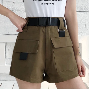 Flectit letnie damskie szorty cargo korea moda Wysoka Talia mini szorty z kieszeniami, klamra pasek casual damskie szorty *